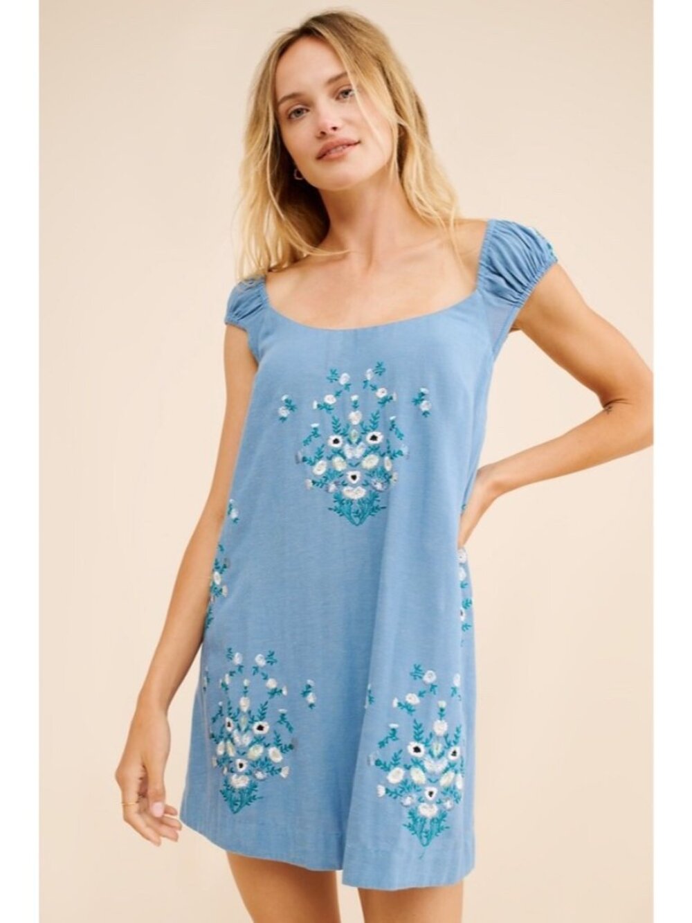 FREE PEOPLE Wildflower Mini Dress Blue Embroidered Floral, Size XS